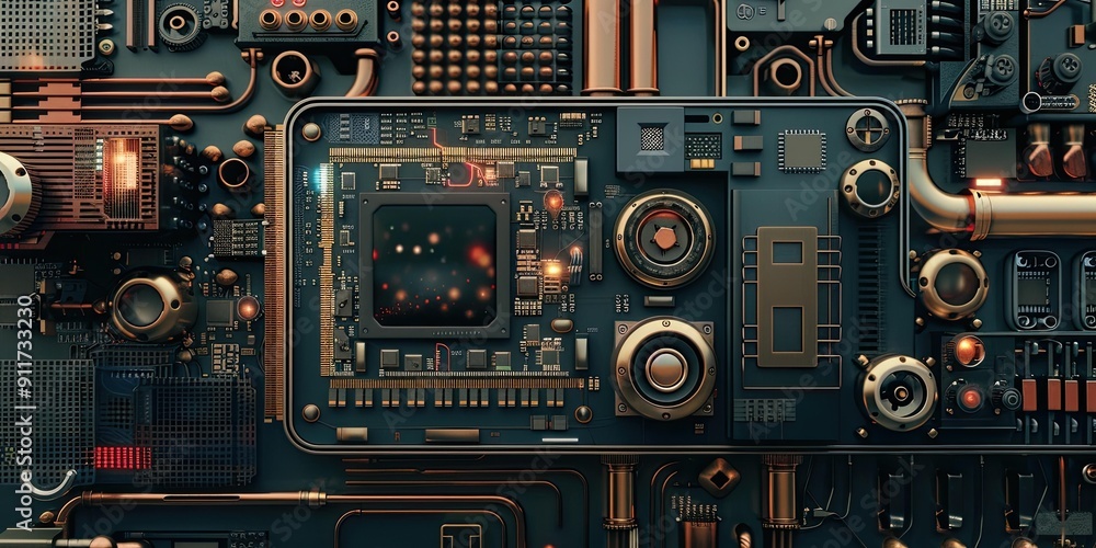 Steampunk-style circuit board with glowing lights. Steampunk-style circuit board with glowing lights.
