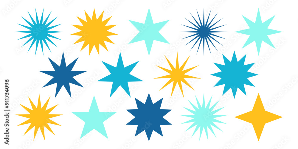 Various Yellow blue stars collection. Sunburst Starburst icon collection. Geometric star shape sticker. Simple circle badge stamp. Decorative Element for design Various Yellow blue stars collection. Sunburst Starburst icon collection. Geometric star shape sticker. Simple circle badge stamp. Decorative Element for design