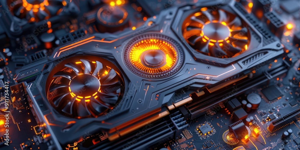 A glowing computer graphics card with fans. A glowing computer graphics card with fans.