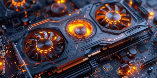 A glowing computer graphics card with fans.