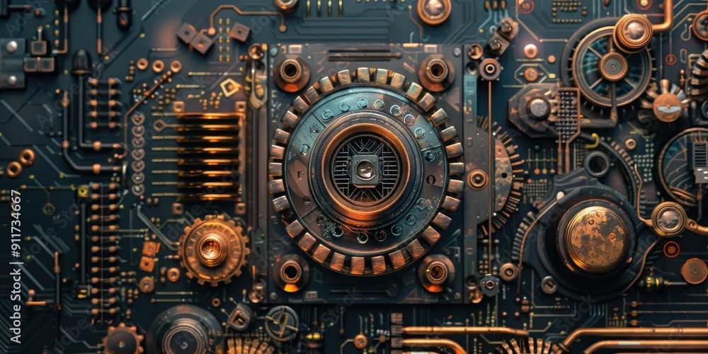Steampunk circuit board with gears. Steampunk circuit board with gears.