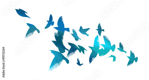 A flock of blue birds. hand drawing. Not AI. Vector illustration