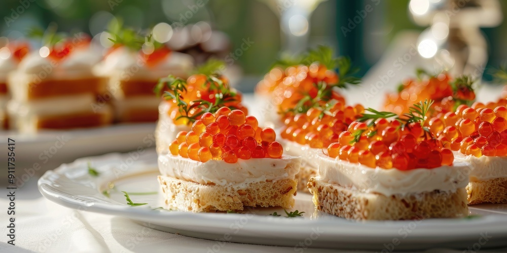 Sandwiches with red caviar on a table with a white tablecloth Horizontal composition