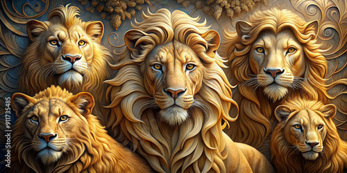 Beautiful lions 3d relief wallpaper. Mural wallpaper. Wall art. AI generated illustration.