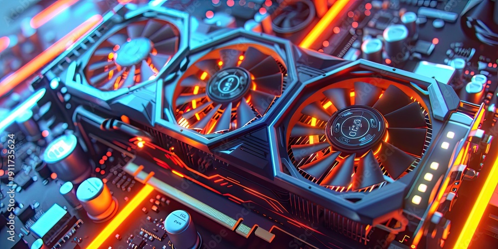 RGB-lit graphics card with fans spinning. RGB-lit graphics card with fans spinning.