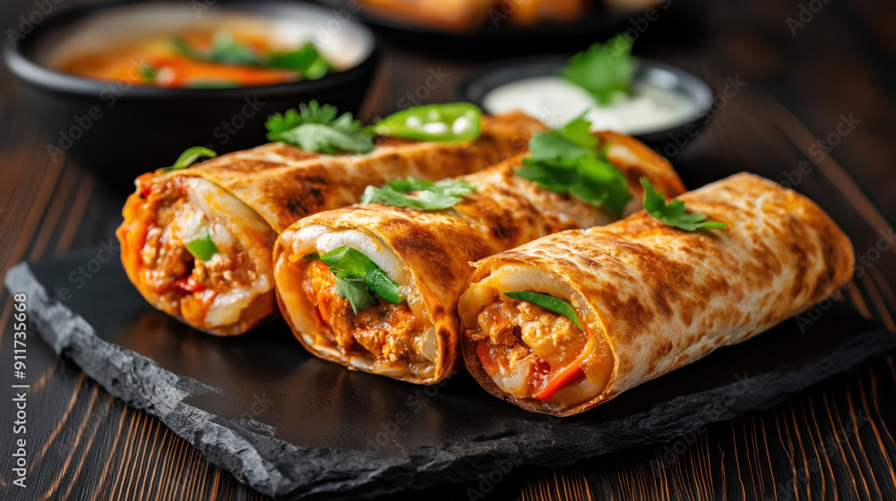Traditional Indian food Kathi Rolls. The image features three Kathi Rolls filled with spicy chicken, vegetables, and herbs, wrapped in paratha and garnished with cilantro. Traditional Indian food Kathi Rolls. The image features three Kathi Rolls filled with spicy chicken, vegetables, and herbs, wrapped in paratha and garnished with cilantro.