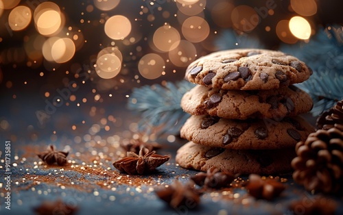 a stack of chocolate chip cookies.  photo