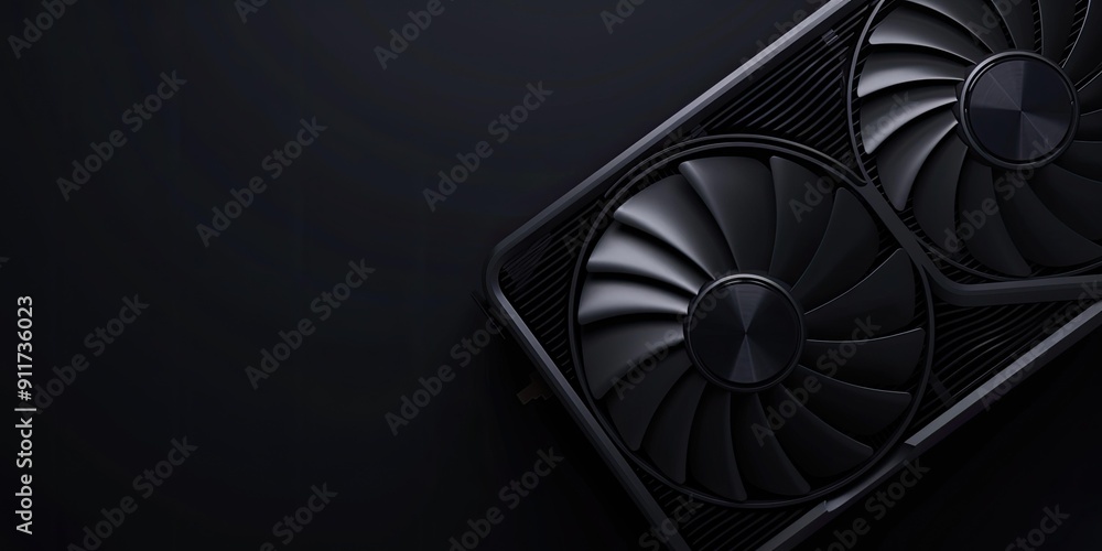Black graphics card with two cooling fans. Black graphics card with two cooling fans.