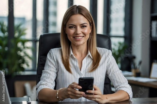 A businesswoman in the office is typing on her smartphone.