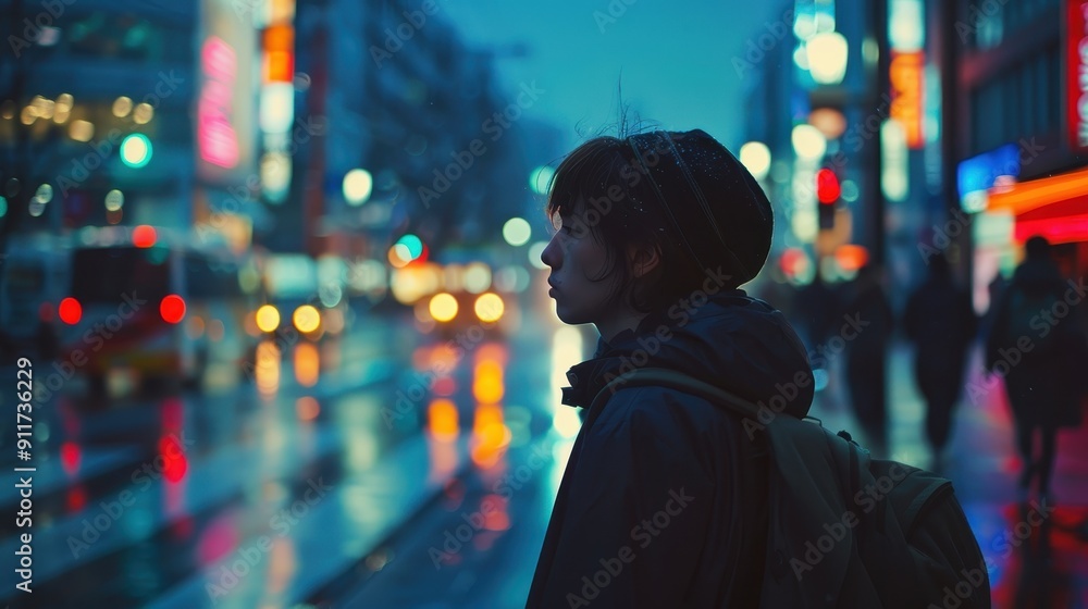 A solitary person gazes across a rain-soaked street illuminated by vibrant neon signs A solitary person gazes across a rain-soaked street illuminated by vibrant neon signs