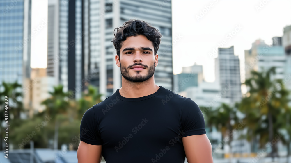 A handsome latin male model wearing an black t shirt modern city background empty space for text A handsome latin male model wearing an black t shirt modern city background empty space for text
