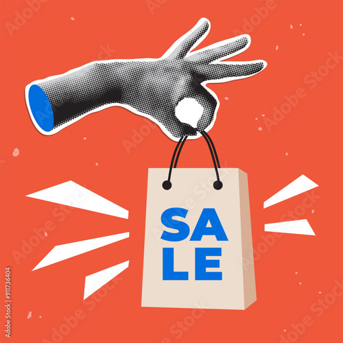 Modern collage with a halftone hand holding shopping bag with inscription Sale. Online shopping concept. Sale banner for social media. Delivery service. Trendy newspaper elements
