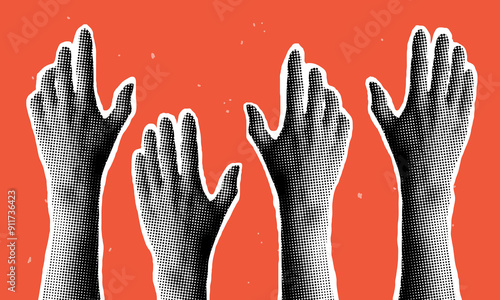 Modern collage with halftone hands raised up. Right to vote. Freedom of speech. Concept of democracy. Business teamwork. Trendy vintage newspaper parts. Volunteer concept. Helping hands
