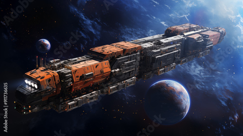 Fototapeta Naklejka Na Ścianę i Meble -  Massive Space Freight Ship with Detailed Exterior Docked Near Planet in Deep Space