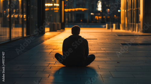 A sad man sits alone on a walkway, looking dejected and lonely. photo