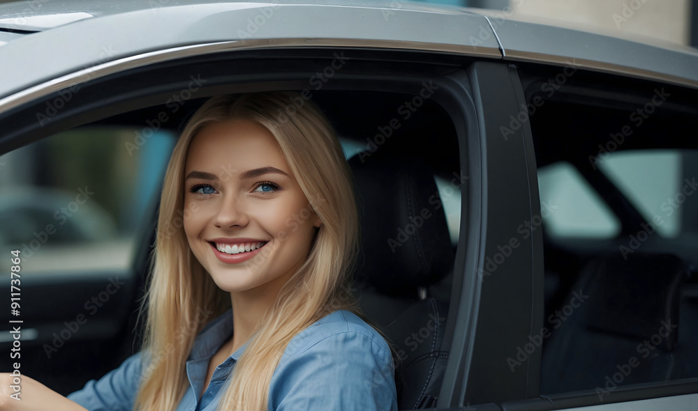 A beautiful girl driving a new car.Sale of new cars. A beautiful girl driving a new car.Sale of new cars.