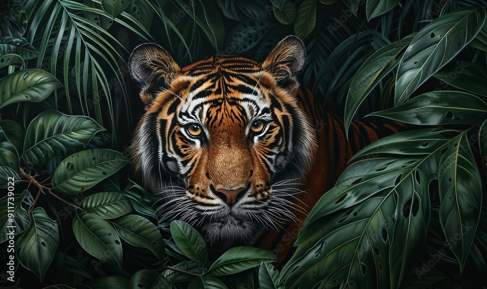Fierce tiger in dense jungle setting, oil painting on canvas Fierce tiger in dense jungle setting, oil painting on canvas