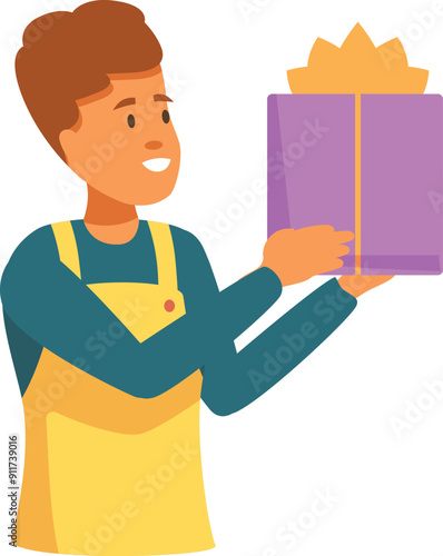 Illustration of a shopkeeper holding a gift box with a bow, perfect for topics like retail, shopping, and gifts