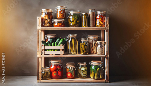 Vorratsregal mit frisch eingemachtem Obst und Gemüse, Einkochzeit
