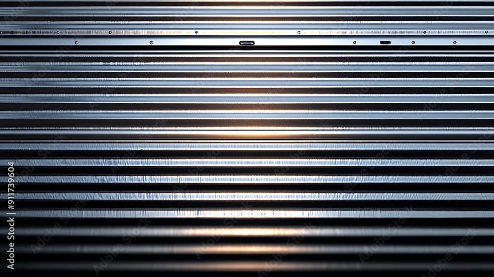 Fototapeta premium Seamless pattern of shiny metallic corrugated industrial roller shutter door with bright reflections 