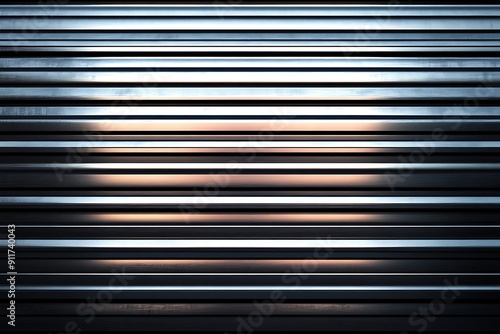  Seamless pattern of shiny metallic corrugated industrial roller shutter door with bright reflections 