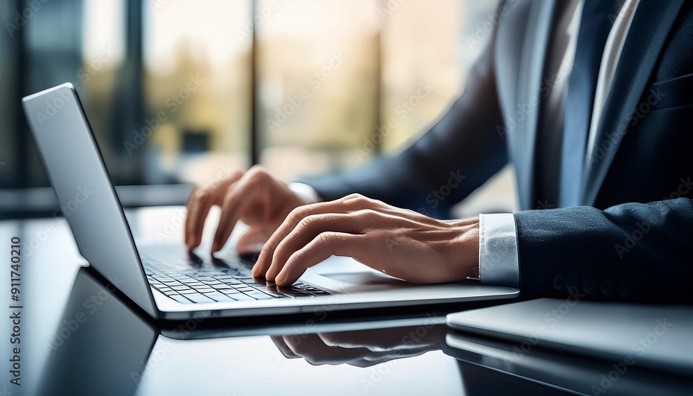 Close up of a professional working on laptop; male professional typing on the laptop computer; IT professional; blurred background; focused on the hand and laptop Close up of a professional working on laptop; male professional typing on the laptop computer; IT professional; blurred background; focused on the hand and laptop