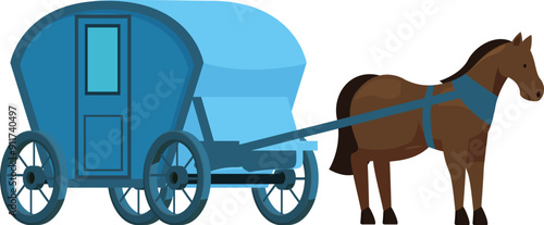 Brown horse with a black mane is standing still near a blue covered wagon