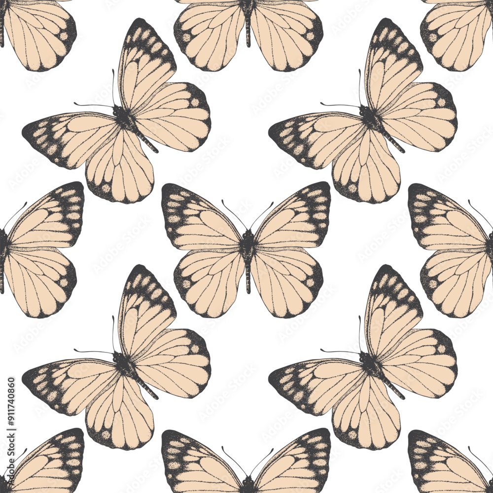 Seamless pattern of beige butterfly. Hand drawn illustration vector. Animal motif. Black and white. Painted butterflies elements on white background. For fabric, wrapping paper, textile, design banner Seamless pattern of beige butterfly. Hand drawn illustration vector. Animal motif. Black and white. Painted butterflies elements on white background. For fabric, wrapping paper, textile, design banner