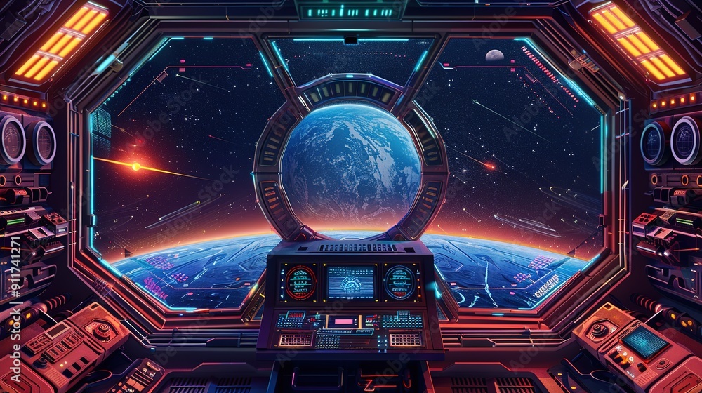 Obraz premium Space ship cockpit interior, shuttle window moon futuristic view, alien spacecraft background. 3D game sci-fi background, metal frame, neon lights, station base. Space ship panoramic star scene1