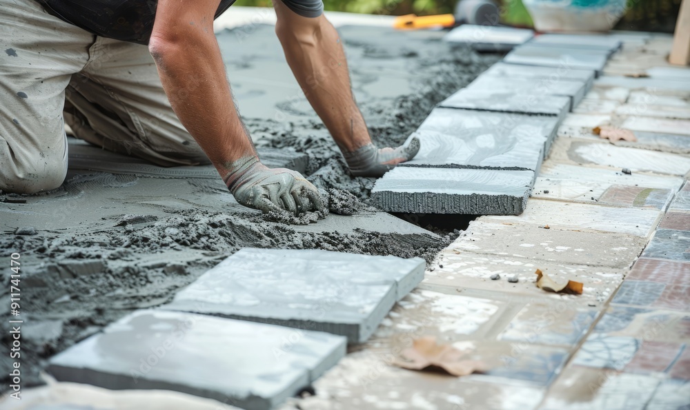 man laying concrete paving slabs for patio man laying concrete paving slabs for patio