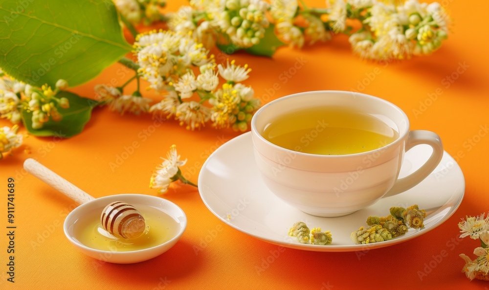 Cup of linden tea and bowl with honey on orange background Cup of linden tea and bowl with honey on orange background