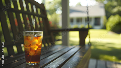 Person enjoying a cool beverage while swinging on a porch, captured in raw style image. photo