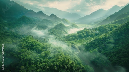 Aerial view of lush forest and misty mountains with tunnel and road.