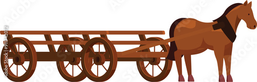 Empty wooden cart with four wheels is standing on a white background next to a brown horse