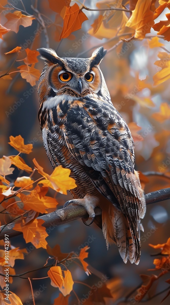 Owl perched on branch, autumn leaves, nature, wildlife
