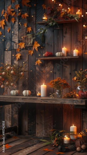 Wooden table, autumn decor, candles, warm ambiance, cozy