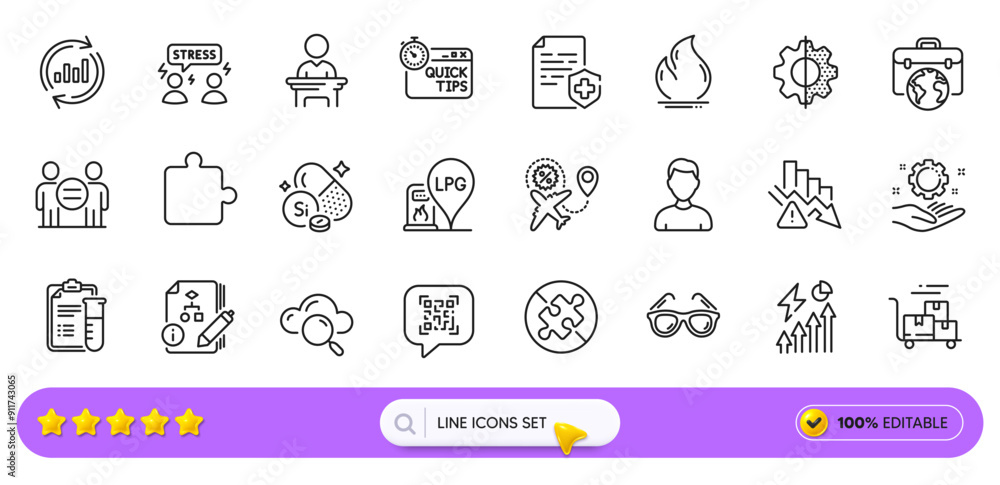 Quick tips, Puzzle and Sunglasses line icons for web app. Pack of Flight sale, Employee hand, Difficult stress pictogram icons. Medical analyzes, Medical certificate, Businessman case signs. Vector Quick tips, Puzzle and Sunglasses line icons for web app. Pack of Flight sale, Employee hand, Difficult stress pictogram icons. Medical analyzes, Medical certificate, Businessman case signs. Vector