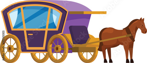 Brown horse patiently waits, hitched to an elegant purple carriage with gold accents, ready for its passengers