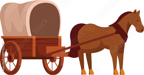 Brown horse is harnessed to a wooden wagon with a beige canvas cover