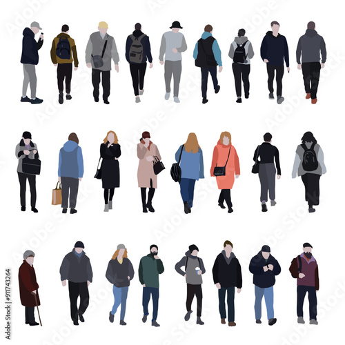 A large set of silhouettes of people. 2D image for use as an entourage. Vector flat city infographics.