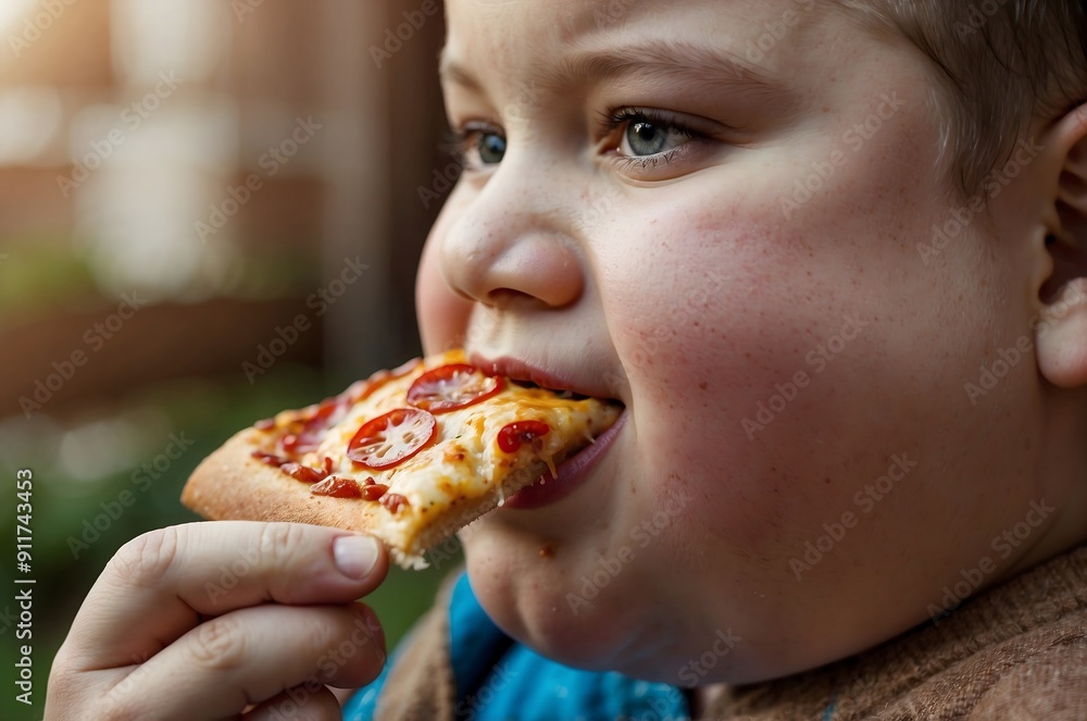 A fat obese boy eats pizza. Improper nutrition of children.