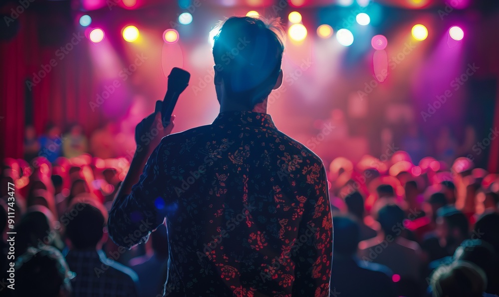 Dynamic live comedy show with comedians performing to a laughing audience Dynamic live comedy show with comedians performing to a laughing audience