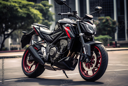 A Gleaming FZ Motorcycle, Ready to Conquer the Asphalt, set Against a Tranquil Backdrop of Greenery