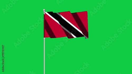 4K TRINIDAD flag old animation with pole waving on chroma key green screen