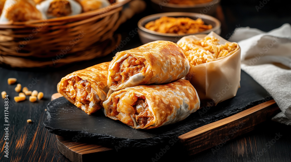 Traditional Serbian food Burek, golden-brown, flaky pastries filled with minced meat and onions, presented on a dark slate serving board with more pieces in the background. Traditional Serbian food Burek, golden-brown, flaky pastries filled with minced meat and onions, presented on a dark slate serving board with more pieces in the background.