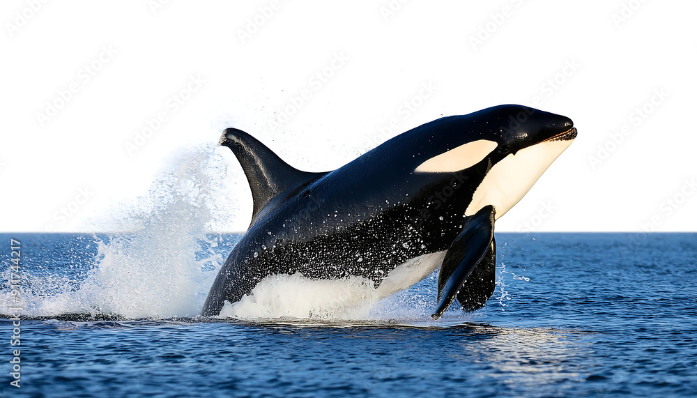 Fototapeta premium Orca whale jumping out of the ocean, water splashing around, isolated on a transparent back_1(144)