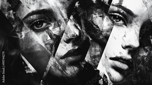 Faces collage abstract black and white background, wallpaper illustration