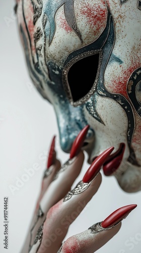 Woman with long red nails and silver rings touches a mask in a beauty portrait, exuding elegance and glamour against a white background. Perfect for beauty and fashion marketing photo