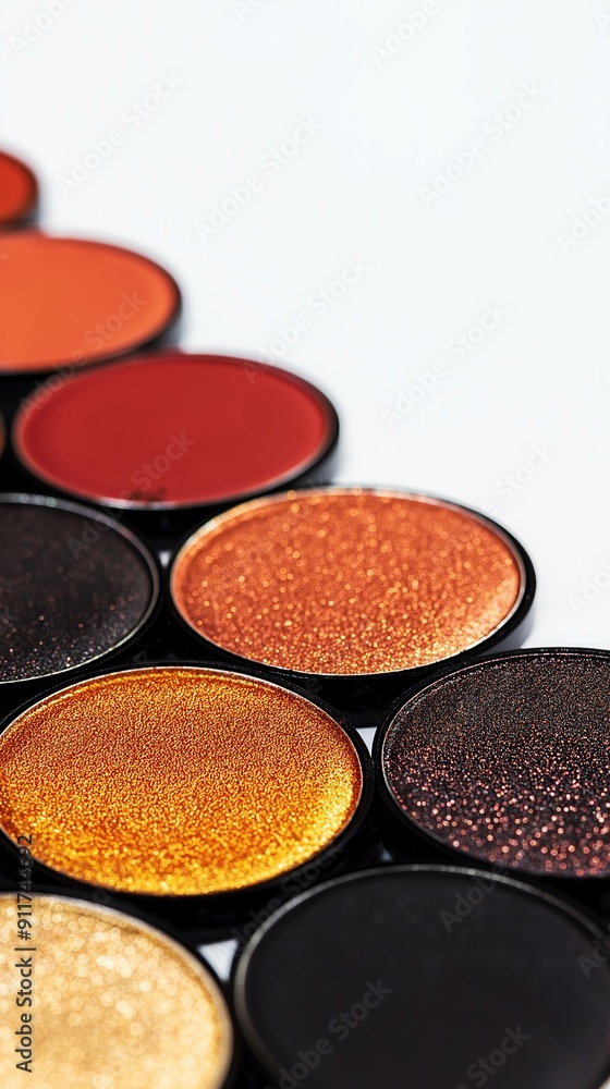Round containers filled with colorful shimmer and matte eyeshadow are sitting on a white background. The colors range from orange to gold to black Round containers filled with colorful shimmer and matte eyeshadow are sitting on a white background. The colors range from orange to gold to black