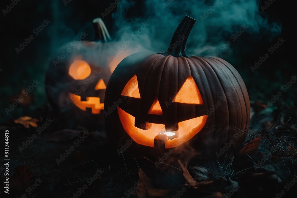Fototapeta premium Halloween pumpkin glowing in the dark surrounded by smoke with another pumpkin in the background. Spooky halloween background